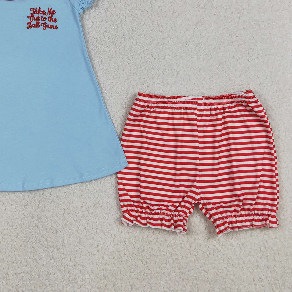 4.7 GSSO3245 RTS NO MOQ （In stock ）Embroidery Baseballs Bows Baby Girls Tunic Stripe Ruffle Shorts Team Clothes Sets