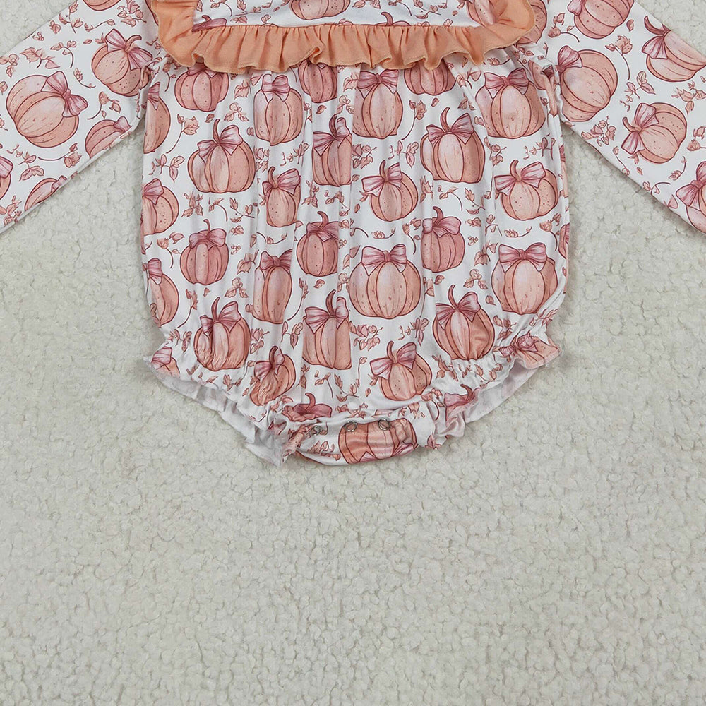 RTS NO MOQ （In stock）LR2295 Baby Girls Winter Rompers Baby Girls Long Ruffle Sleeves Bows Pumpkins Rompers