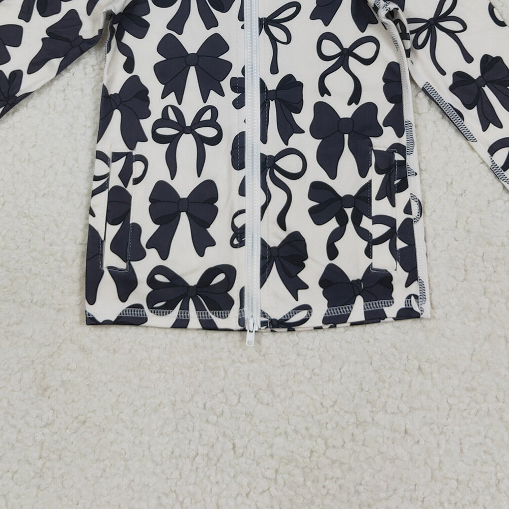RTS NO MOQ （In stock）GT1084 Baby Girls  Yoga Tops Baby Girls Long Sleeves Black Bows Zipper Pockets Yoga Jacket Tops