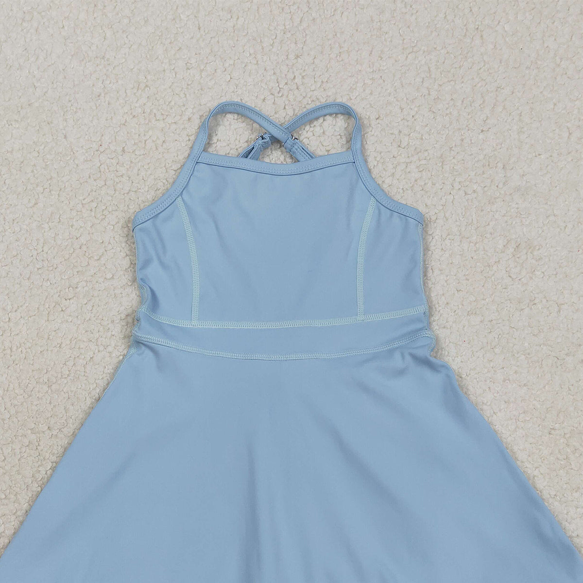 3.10 RTS NO MOQ （In stock）S0713 Kids Fashion Clothes Baby Girls Sleeveless Light Blue Strap Yoga Active Shorts Ruffle Knee Length Dresses