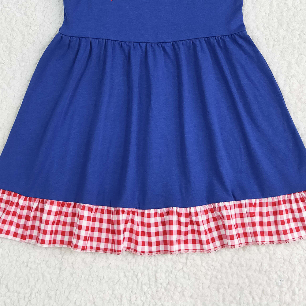 GSD2153RTS NO MOQ Baby Girls Summer Dress Embroidery  Baby Girls Red Plaid Flutter Sleeves Apples Dress