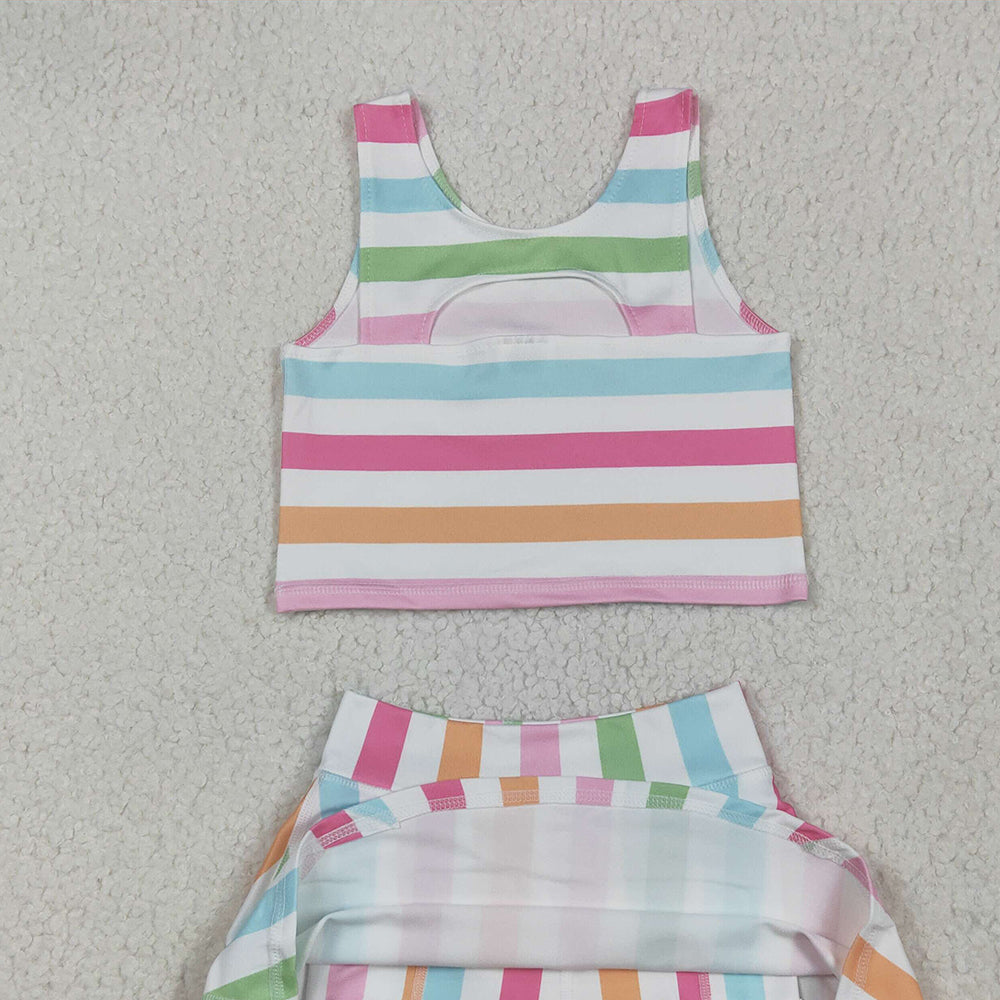 5.20   GSD2348RTS NO MOQ Baby Girls Yoga Outfits Sleeveless colorful stripe top skirt kids girls active wear