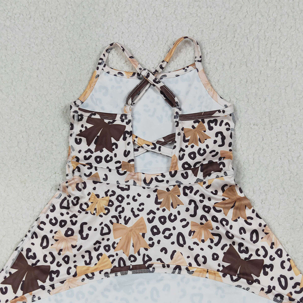 RTS NO MOQ （In stock）GSD2649 Baby Girls Summer Yoga Dress Baby Girls Strap Olive Bows Leopard Shorts Knee Length Dresses