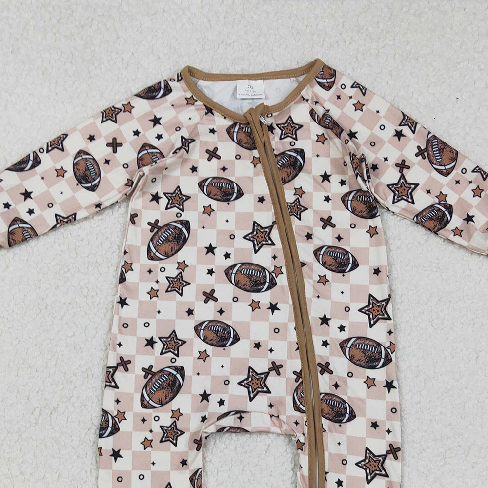 RTS NO MOQ （In stock）LR2548 Baby Boys Winter Rompers Long Sleeve Football Plaid Stars Zipper Romper Comfortable Soft Clothing for Infants