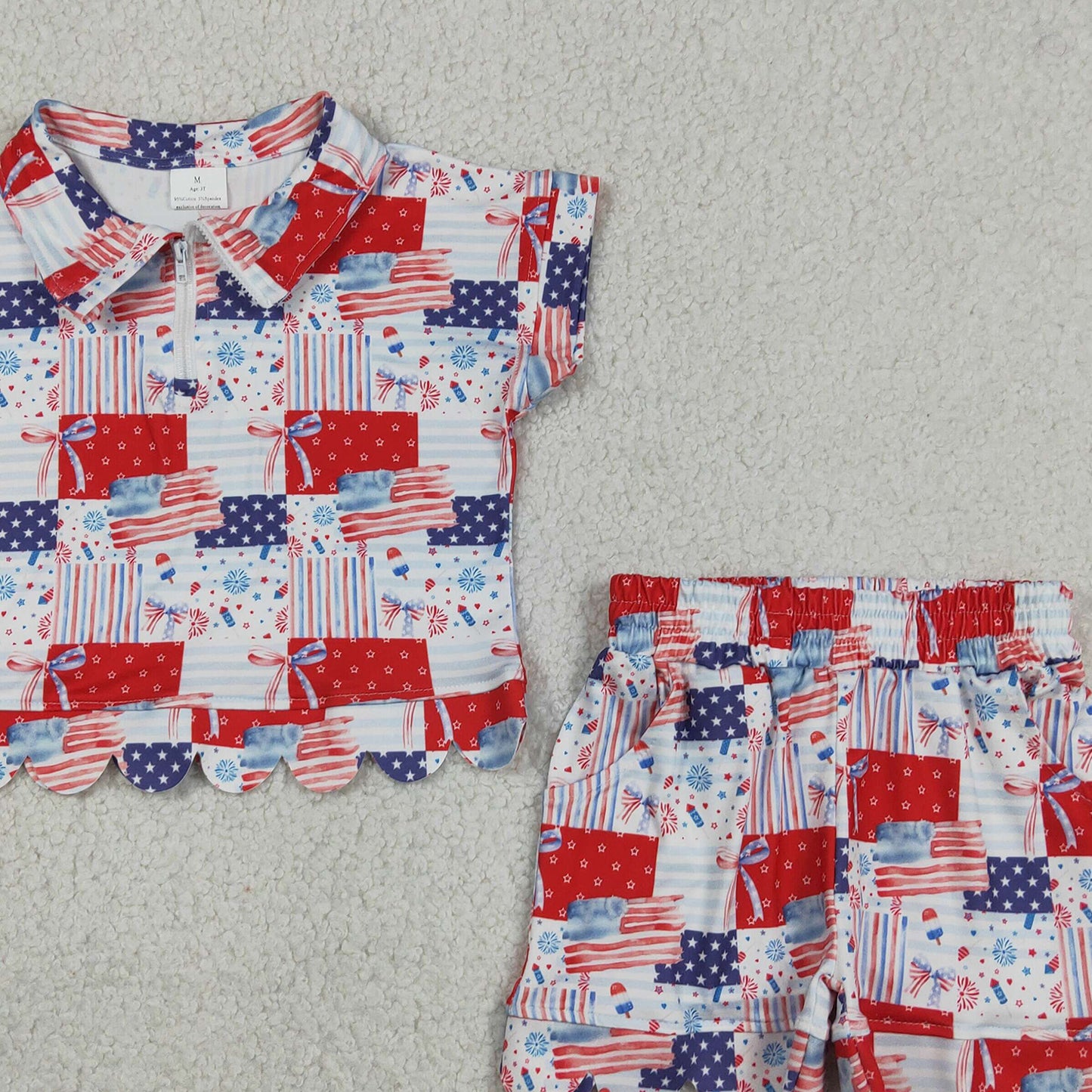 GSSO3599 RTS NO MOQ （In stock ）Flag bow scallop pullover shorts girls 4th of july outfits