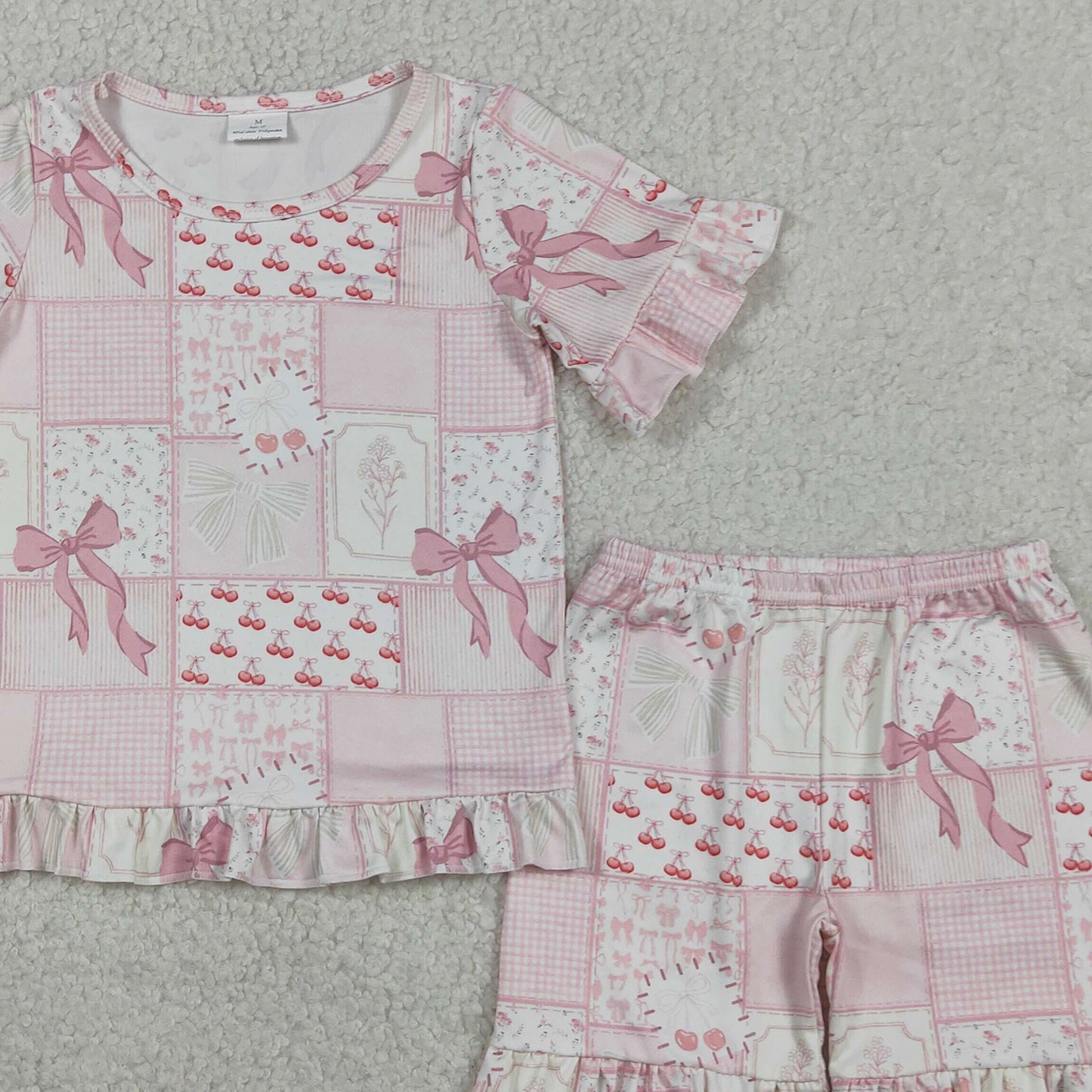 GSSO3321 RTS NO MOQ （In stock ）Baby Girls Bows Flowers Checked Top Ruffle Shorts Pajamas