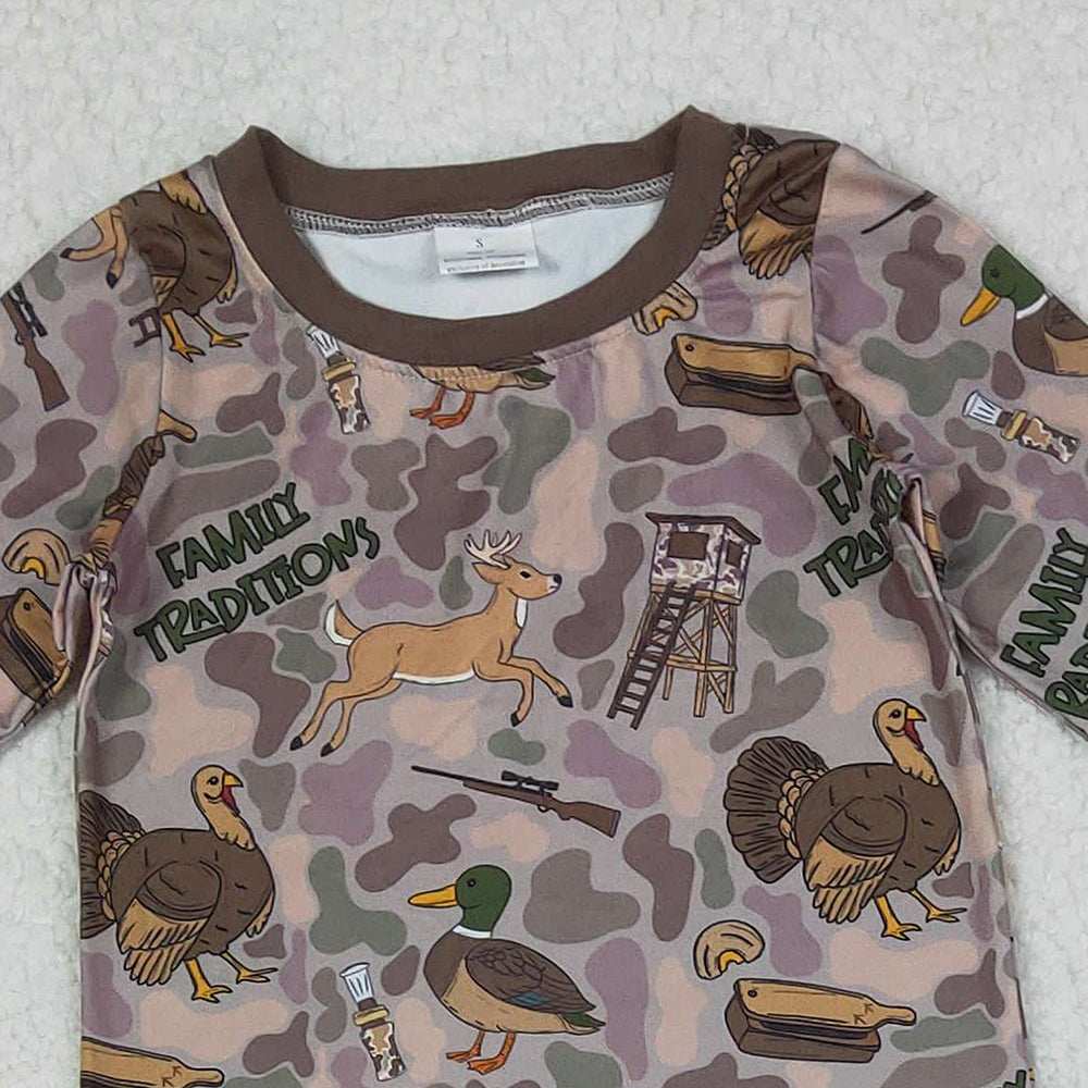 9.30 RTS NO MOQ （In stock）BLP1178  Baby Boys Winter Outfits Baby Boys Brown Turkey Ducks Camo Top Pockets Pant Hunting Clothes Set