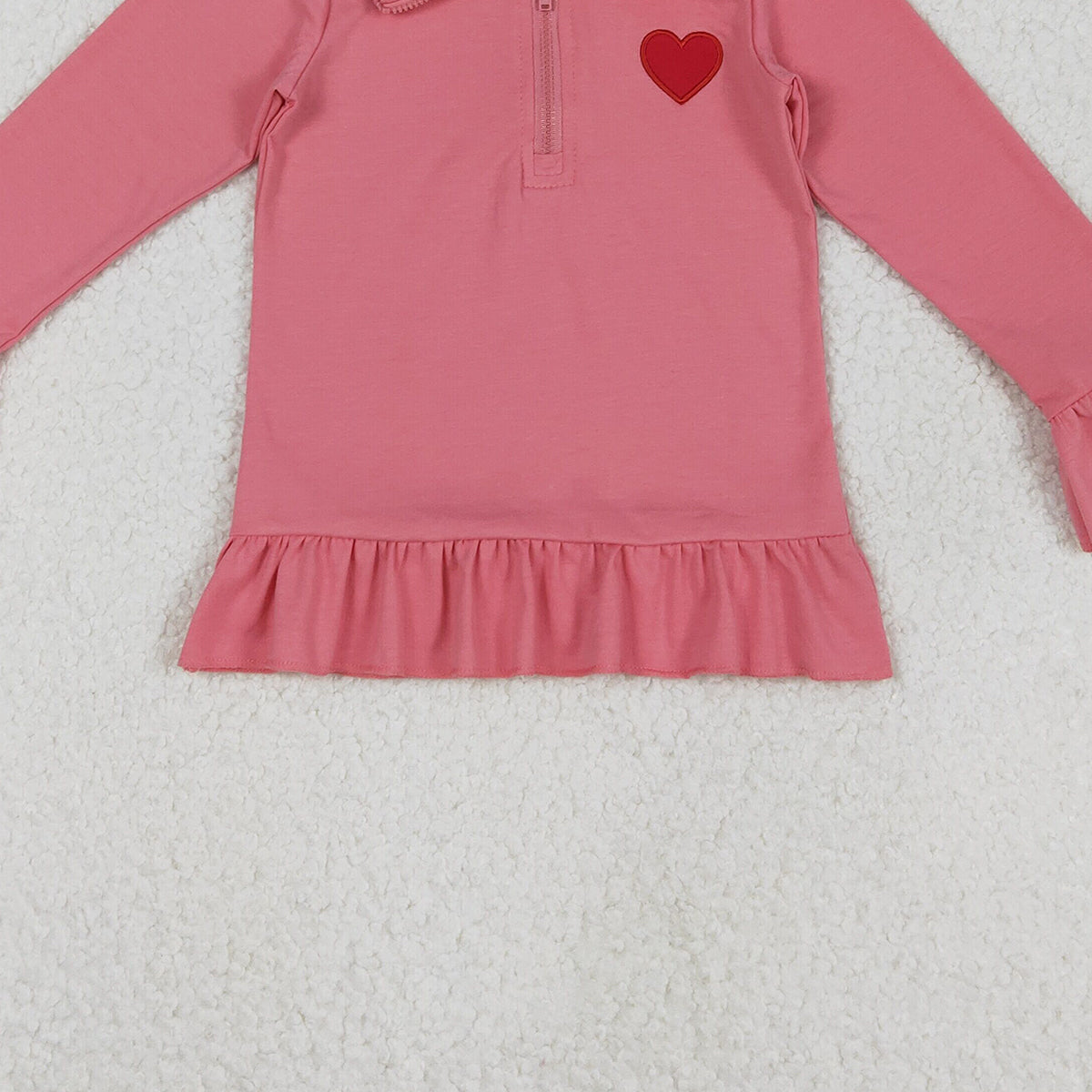 11.20 RTS NO MOQ （In stock）GT1271 Embroidery Hearts Baby Girls Long Sleeve Zipper Valentines Pullovers Top