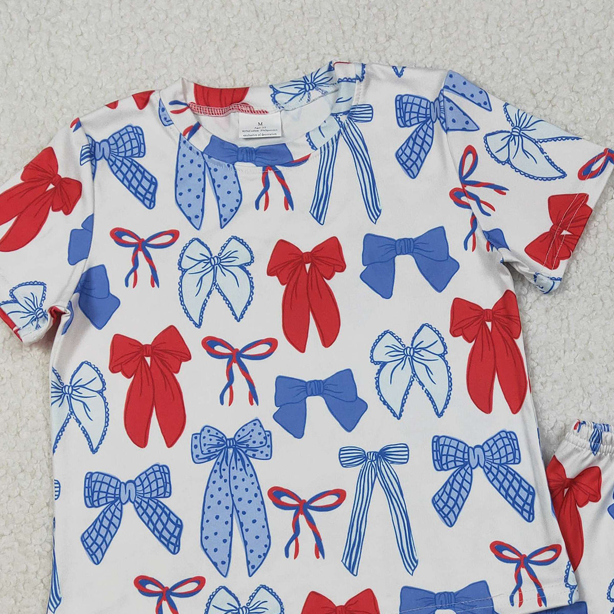 12.9 RTS NO MOQ （In stock）GSSO2772 Baby Girls Blue Red Bows Top Shorts 4th of July Pajamas Clothes Sets