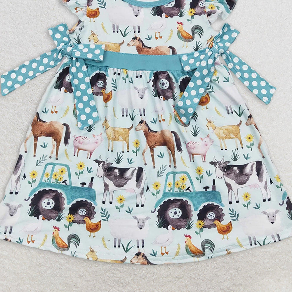 GSD0162 RTS NO MOQ Baby Girls Summer Dress Girls farm car cow horse pig chicken flying sleeve dress
