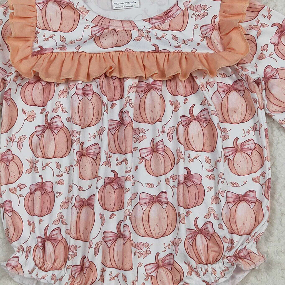 RTS NO MOQ （In stock）LR2295 Baby Girls Winter Rompers Baby Girls Long Ruffle Sleeves Bows Pumpkins Rompers
