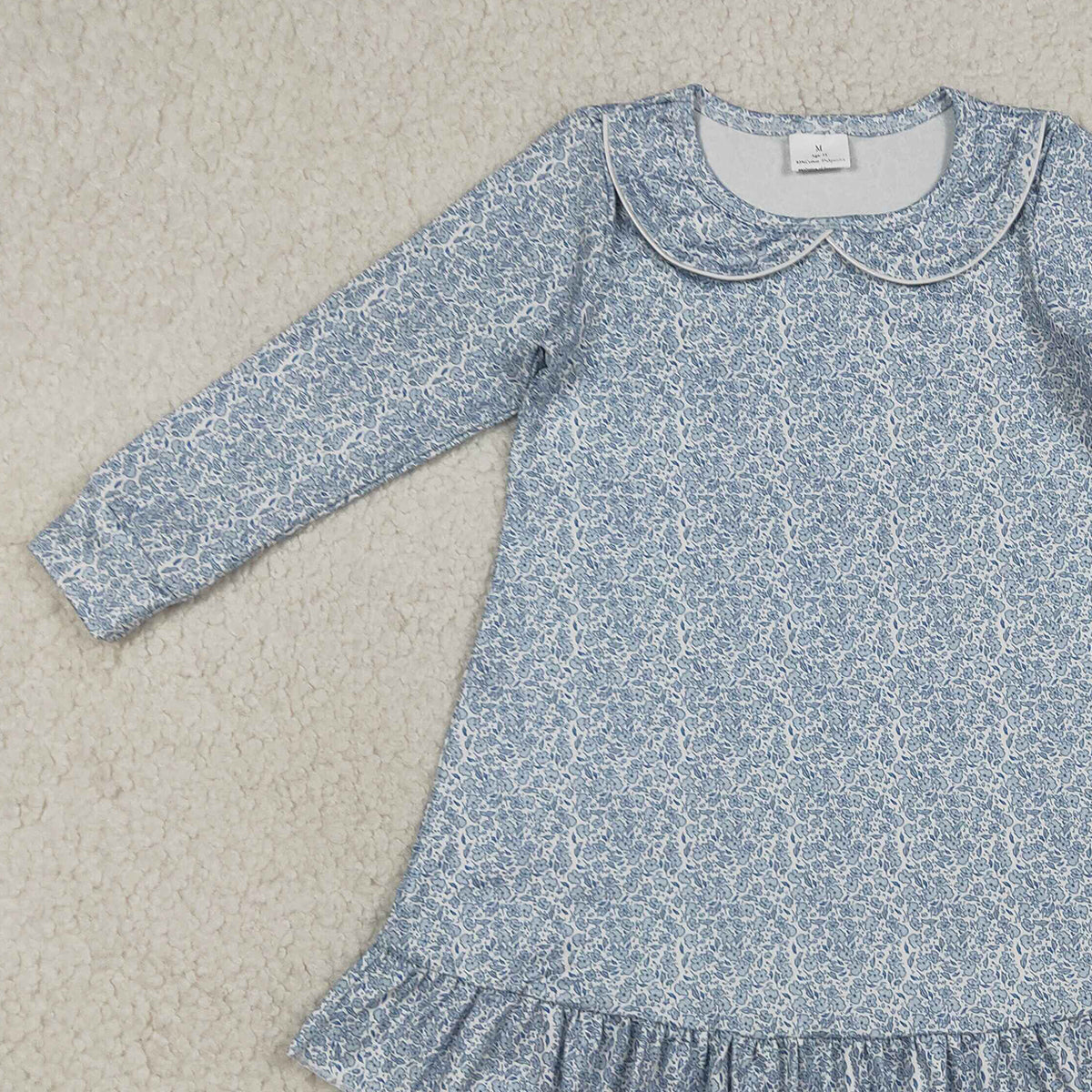 3.21 RTS NO MOQ （In stock）GLD1424 Kids Fashion Clothes Baby Girls Long Sleeve Blue Floral Ruffle Knee Length Dresses