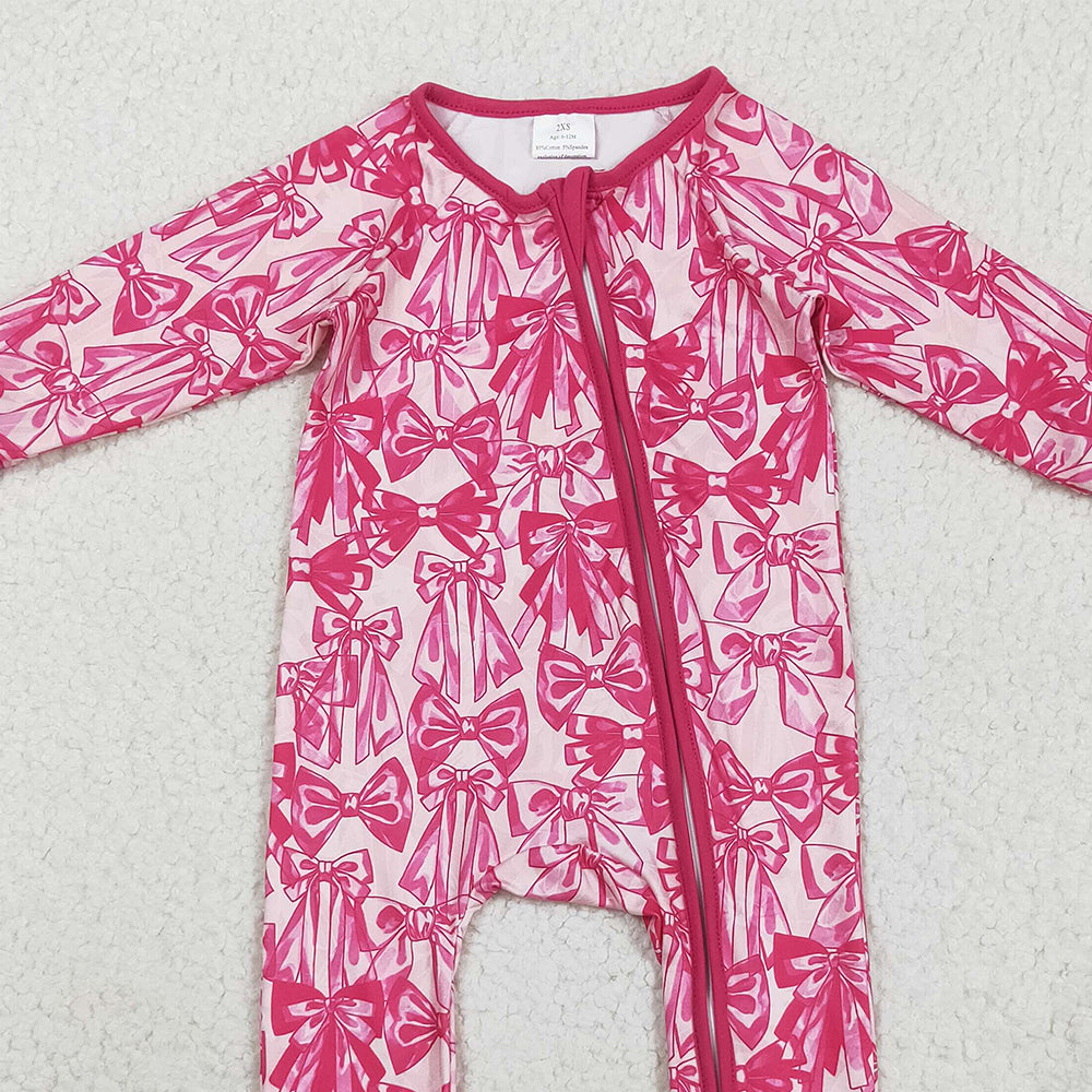8.20 RTS NO MOQ （In stock）LR2365 Baby Girls Winter Rompers Baby Girls Long Sleeves Pink Bows Zipper Footie Rompers