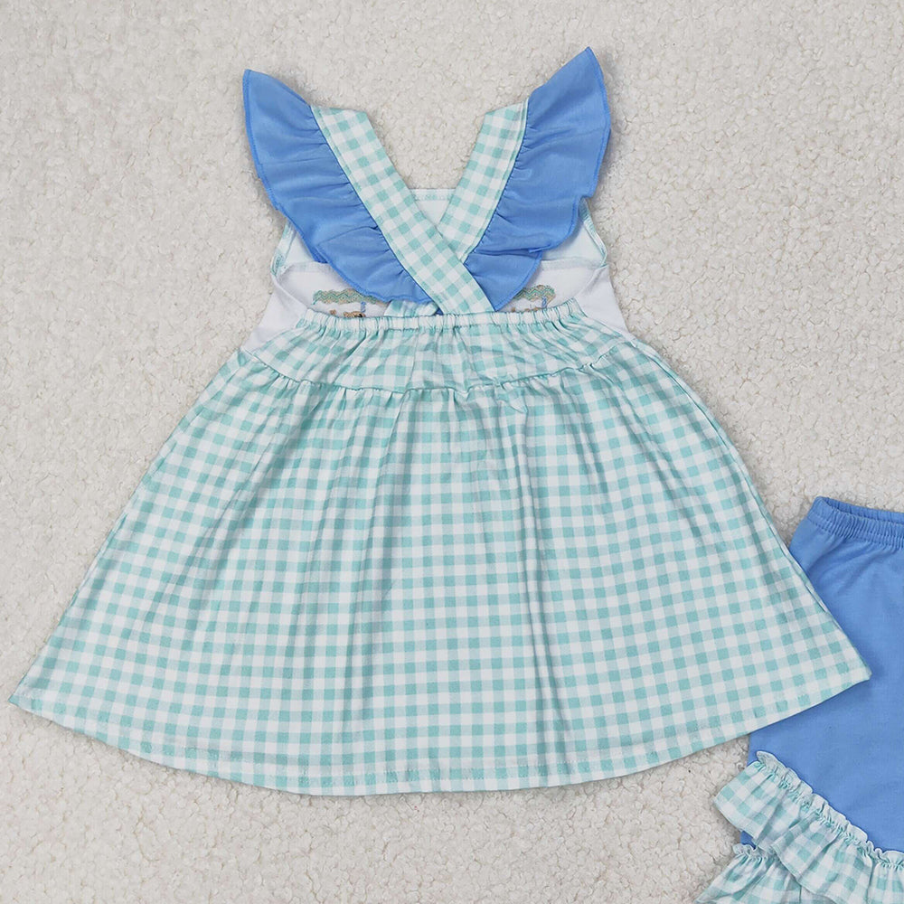 5.19  GSSO2148 RTS NO MOQ Flutter sleeves fishing plaid tunic shorts girls summer clothes