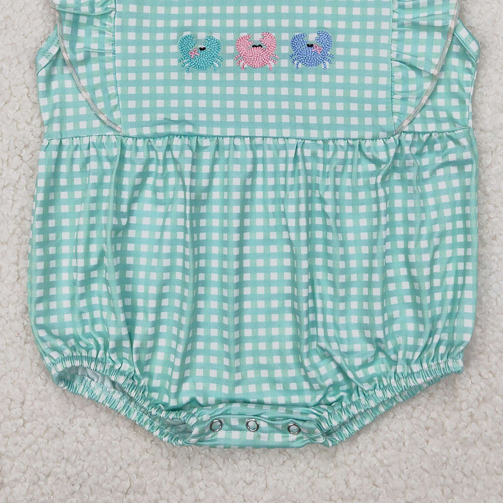 6.11   SR2659 RTS NO MOQ Baby Girls Summer Romper Flutter sleeves plaid crab baby girls summer romper