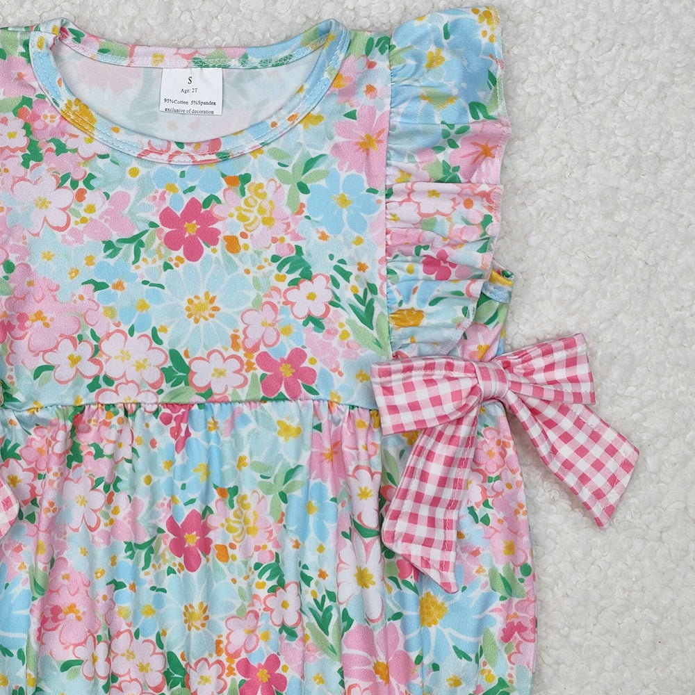 SR2719Baby Girls Ruffle Floral Pink Plaid Bow Summer Romper Cute Infant Outfit with Bow Detailing for Little Girls