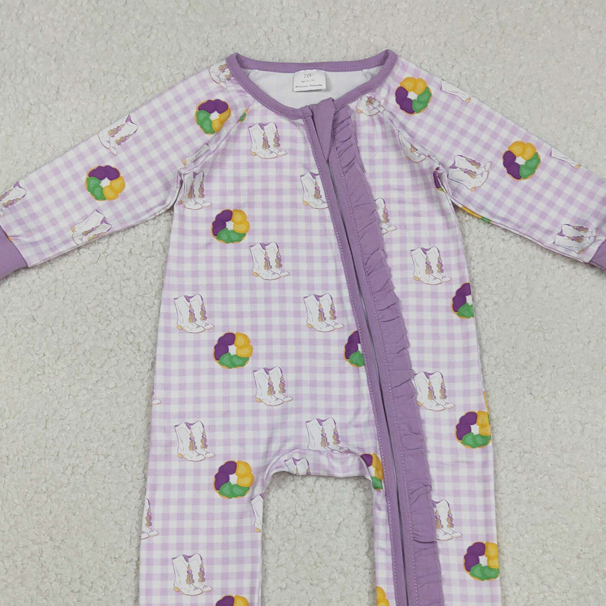 12.10 RTS NO MOQ （In stock）LR2783 Baby Girls Winter Rompers Baby Girls Mardigras Boots Donuts Checked Two Way Ruffle Zip Convertible Rompers