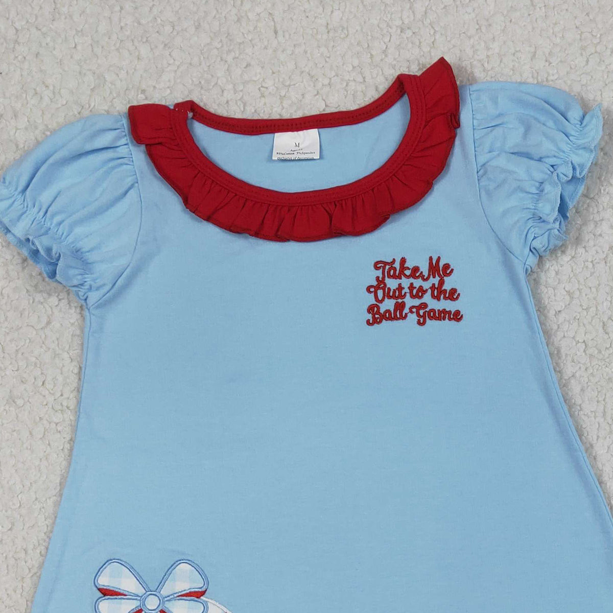 4.7 GSSO3245 RTS NO MOQ （In stock ）Embroidery Baseballs Bows Baby Girls Tunic Stripe Ruffle Shorts Team Clothes Sets