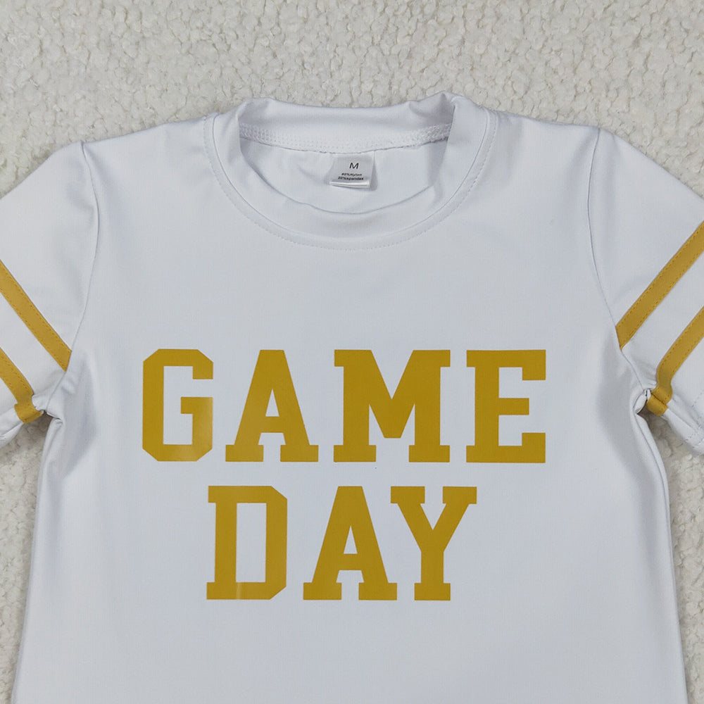 RTS NO MOQ （In stock）GT1101+GLK0084 Baby Girls Summer Outfits Baby Girls Vinyl Yellow Game Day Yoga Active Team Tee Shirts Top Baby Girls Hot Blue Yoga Active Wear Skirts Sets
