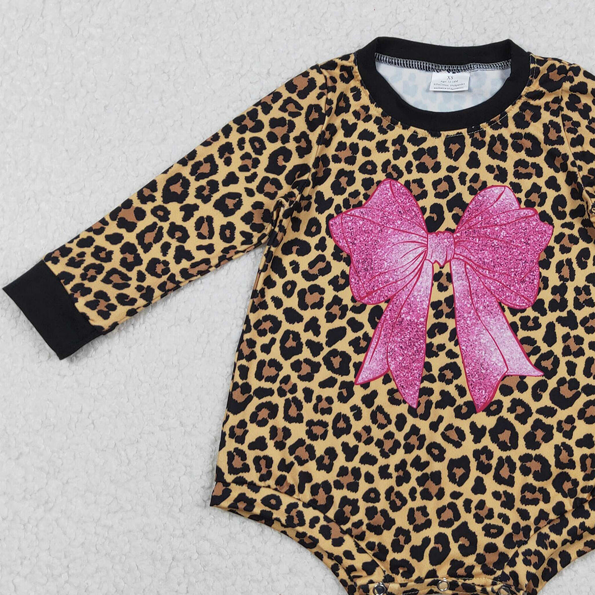 11.18 RTS NO MOQ （In stock）LR2775 Baby Girls Winter Rompers Baby Girls Long Sleeve Leopard Pink Bows Rompers
