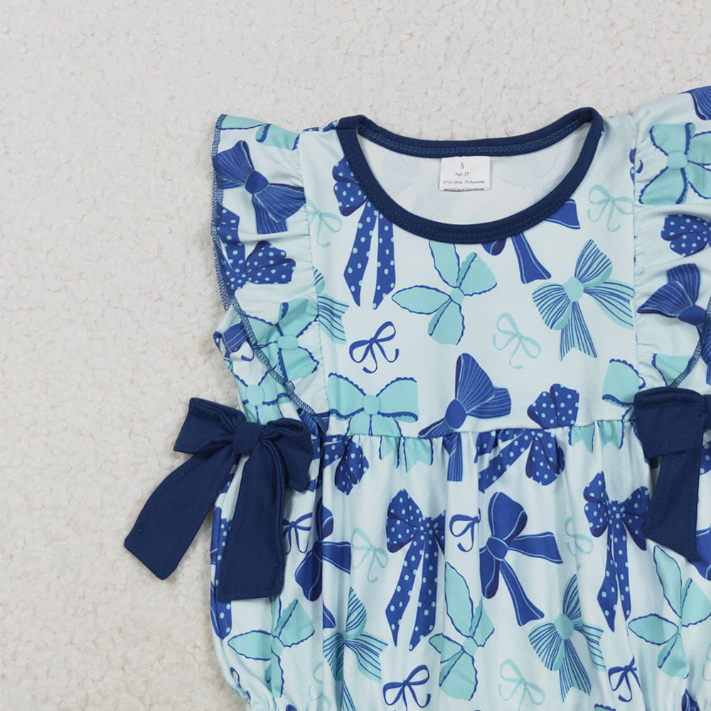 RTS NO MOQ （In stock）SR3121  Baby Girls Summer Rompers Baby Girls Hot Blue Flutter Sleeves Bows Ruffle Rompers