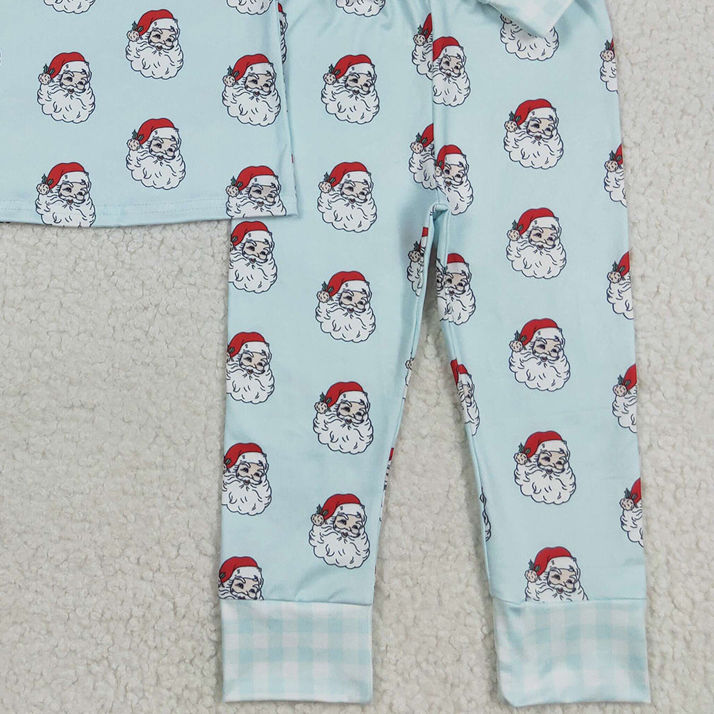 RTS NO MOQ （In stock）BLP1090 Baby Boys Winter Outfits Baby Boys Blue Christmas Santa Top Pants Pajamas Sets