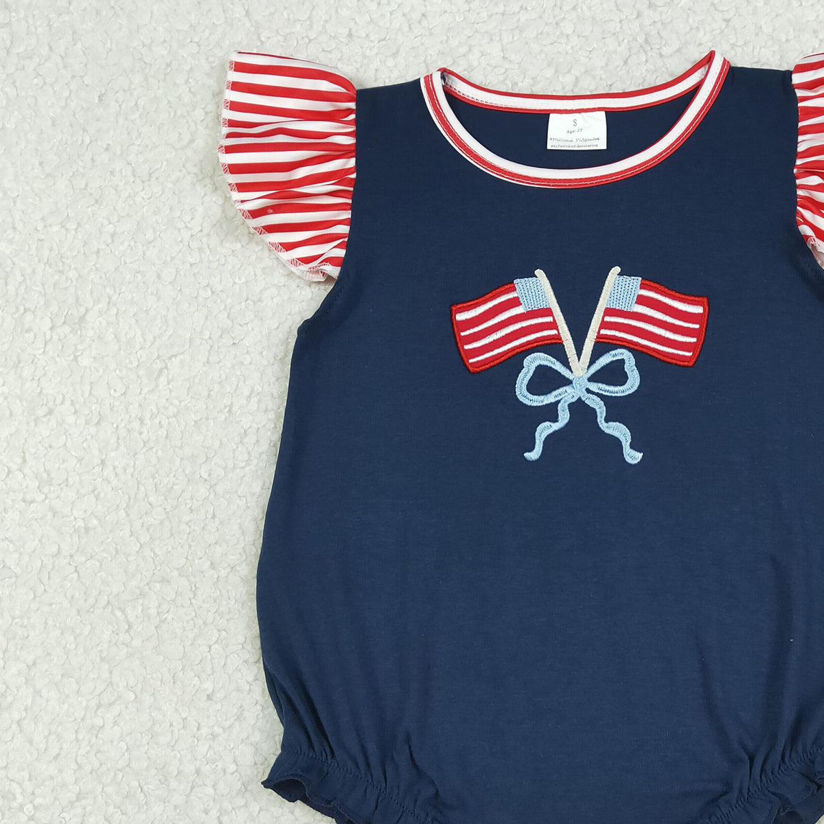 4.2 SR3903 RTS NO MOQ （In stock) Flutter sleeves flag bow embroidery baby 4th of july romper