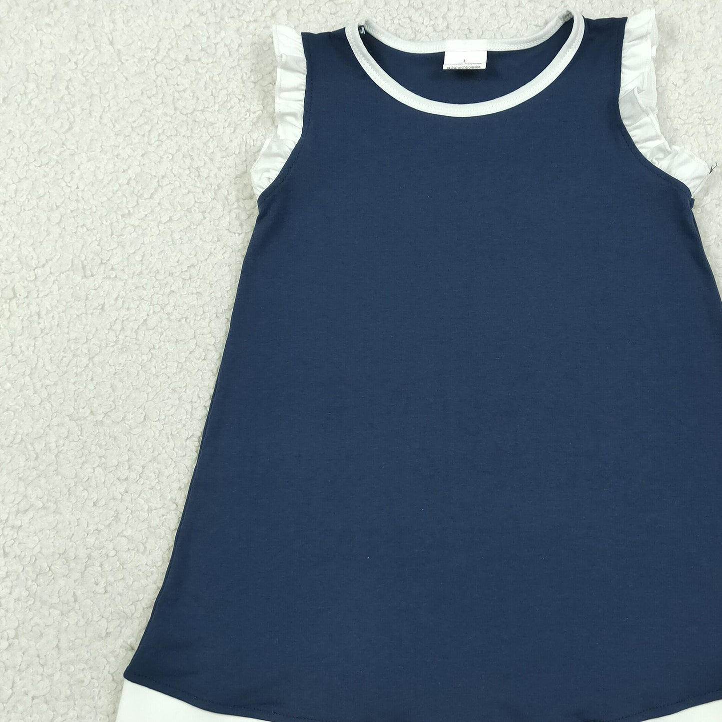 GSD4056 RTS NO MOQ （In stock）White scallop ruffle sleeveless navy girls cotton team dress
