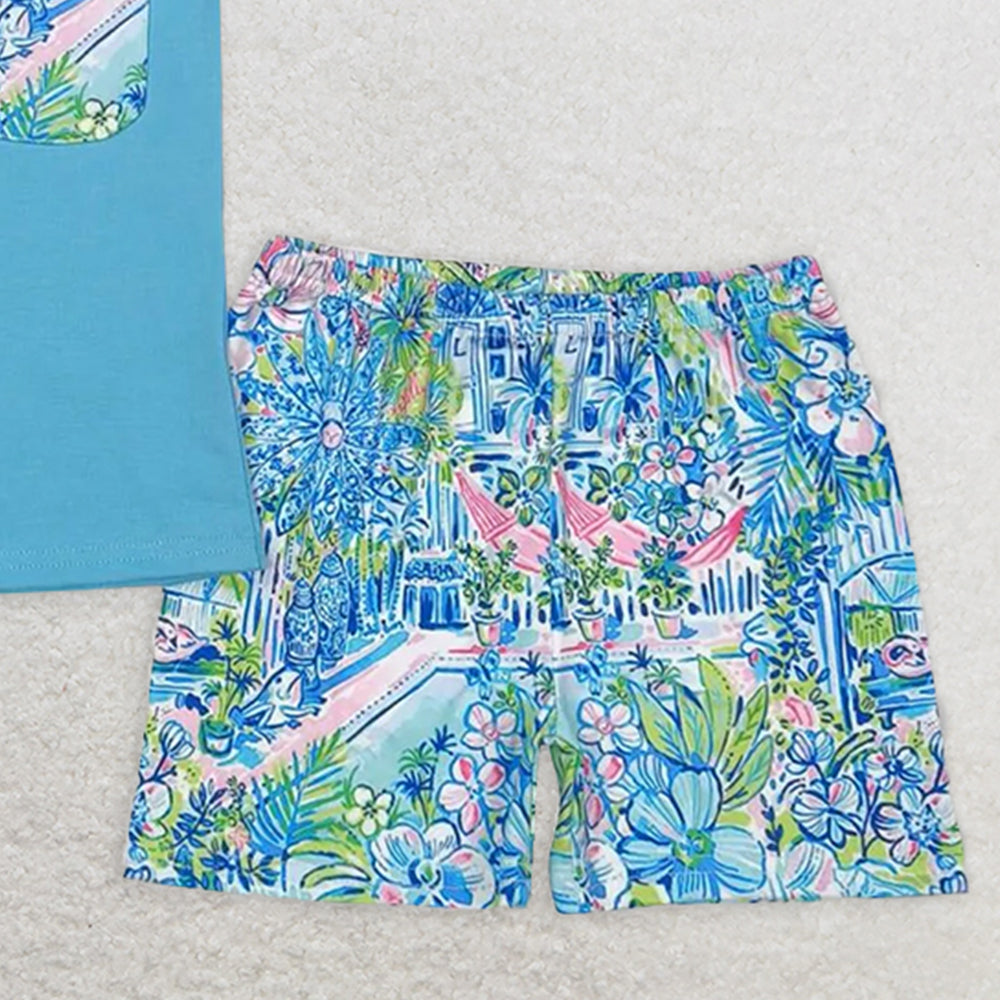 BSSO0840 RTS NO MOQ Baby Boys Summer Boys Outfits Baby Boys Blue Top Floral Shorts Set