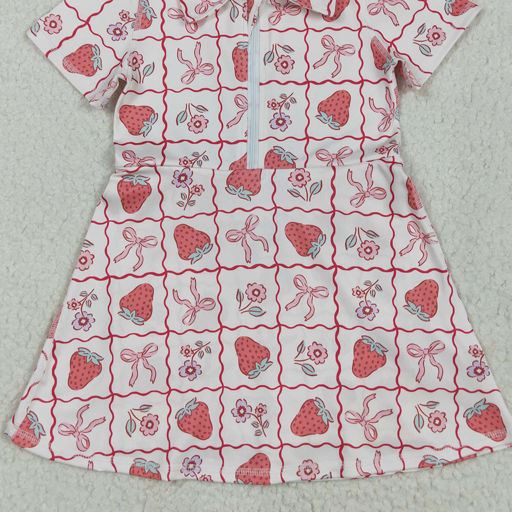 8.11  GSD2407RTS NO MOQ Baby Girls Summer Yoga Dress  Baby Girls Short Sleeves Bows Strawberry Zipper Knee Length Dresses