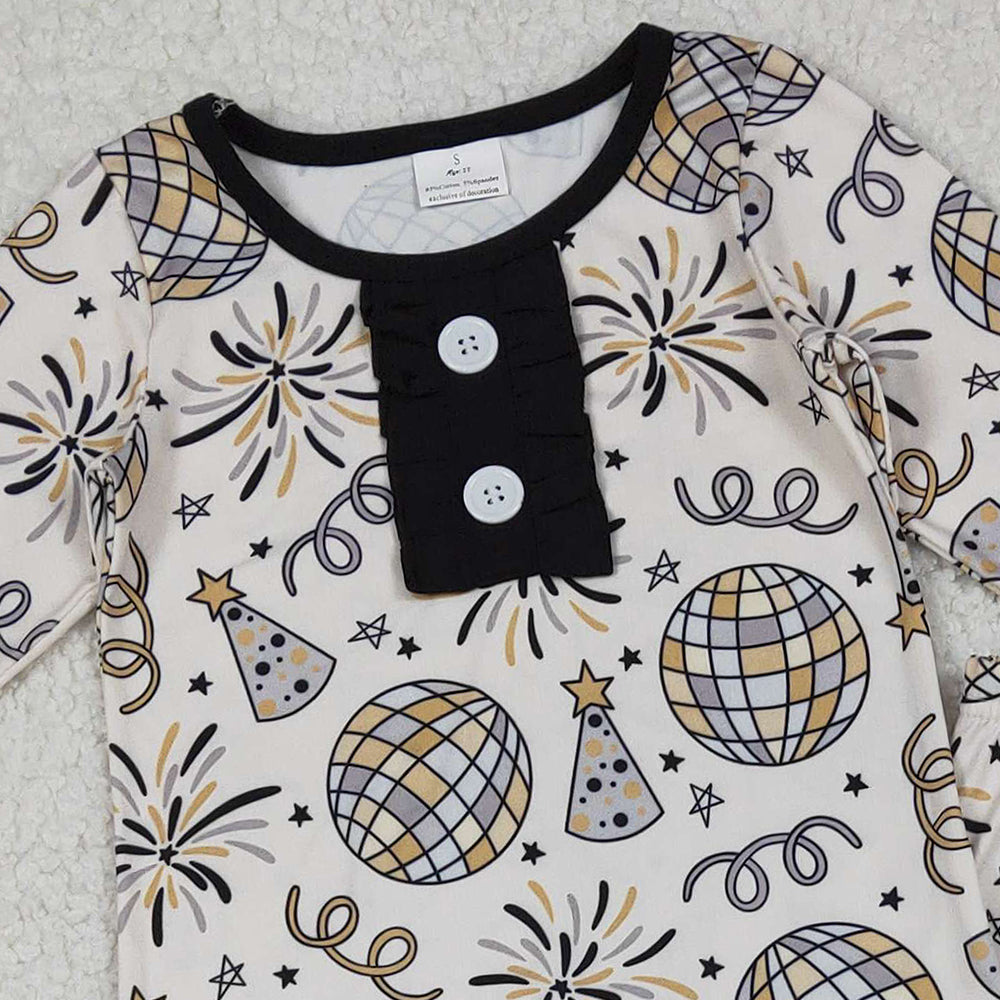 10.10 RTS NO MOQ （In stock）GLP2563 Baby Girls Winter Outfits Baby Girls Happy New Year Button Top Ruffle Pant Pajamas Sets