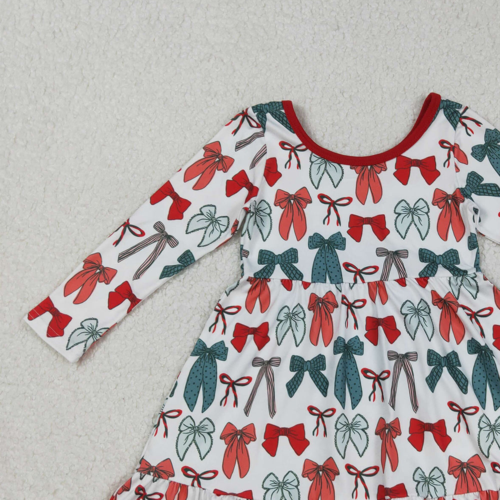 RTS NO MOQ （In stock）GLD1250 Baby Girls Winter Dress Green Red Bows Plaid Christmas Ruffle Knee Length Dresses