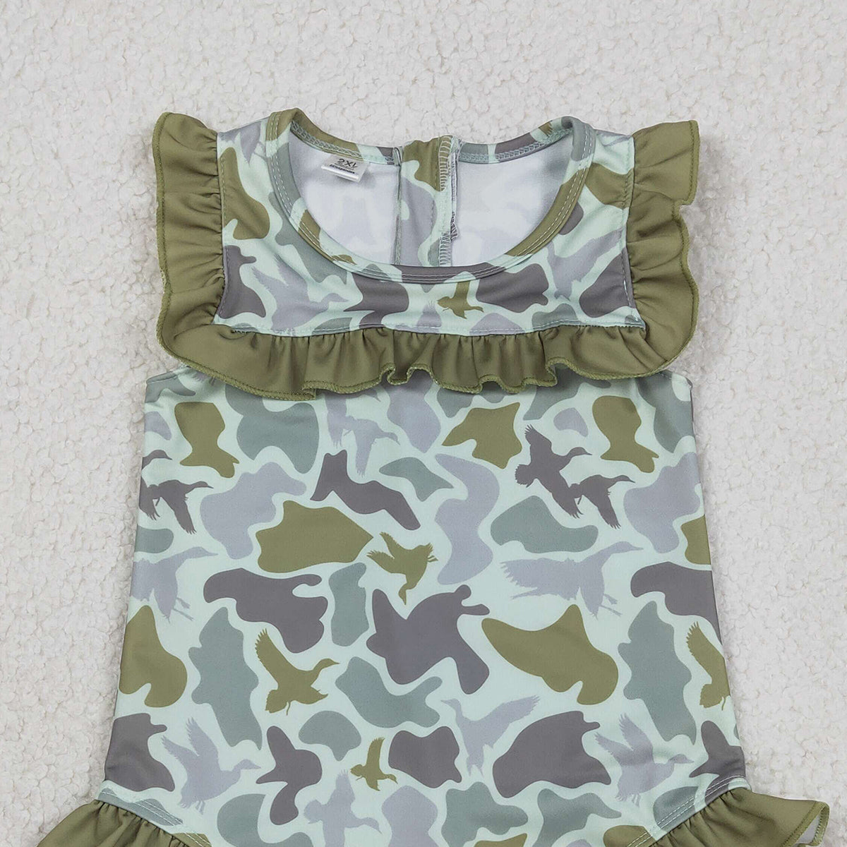 1.9 RTS NO MOQ （In stock）S0596 Baby Girls Southern Hunting Green Ducks Camo Ruffle Swimsuits
