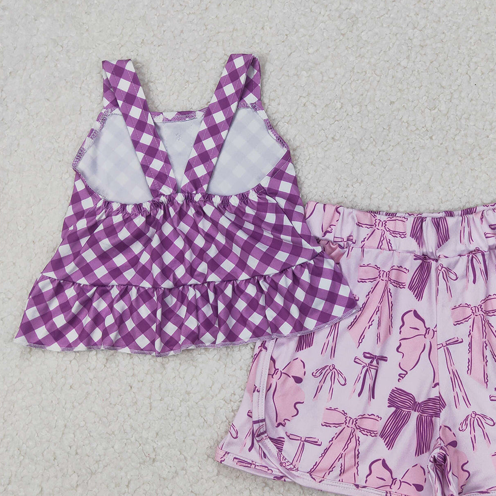GSSO2035RTS NO MOQ Baby Girls Summer Outfits Baby Girls Purple Checkered Straps Top Bows Shorts Clothes Sets