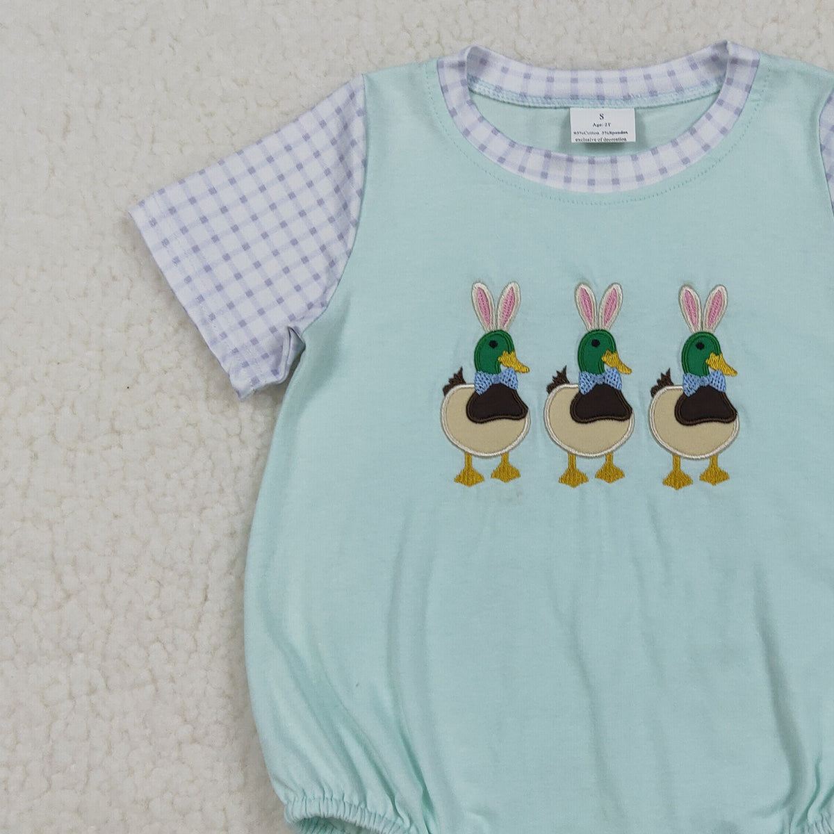 3.25 RTS NO MOQ （In stock）SR3893 Children's Fashion Romper Baby Boys Short Sleeve Embroidery Bunny Ducks Easter Hunting Rompers