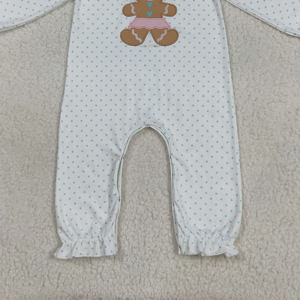 RTS NO MOQ （In stock）LR2341 Baby Girls Winter Rompers Embroidery Baby Girls Christmas Polka Dots Gingerbread Rompers