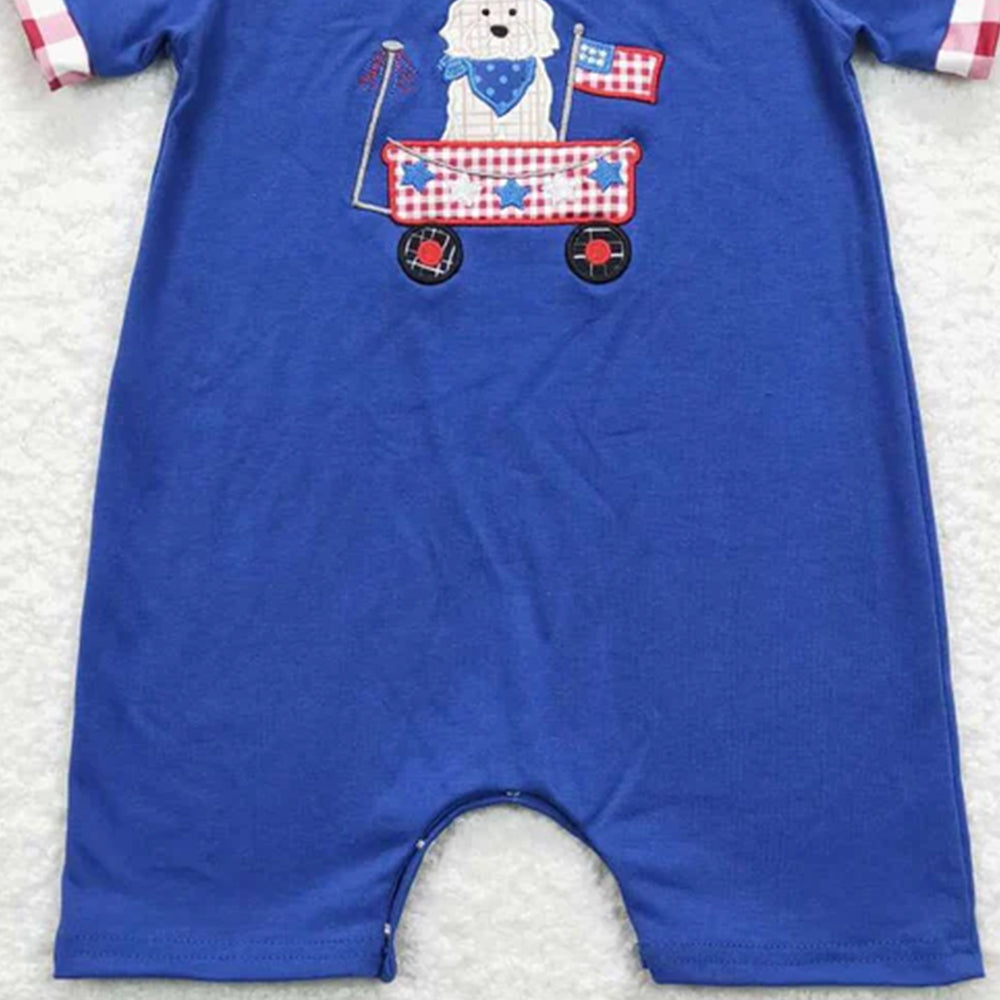 6.03  New Rts No Moq 8-9 Days By Air Arrived it Blue Short-Sleeved Baby Boy Onesie 4th of July Dog Print Outfit Set for Boys under 3 Years Old