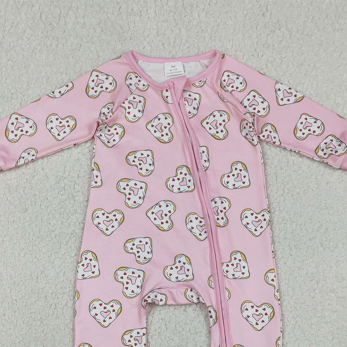 12.30 RTS NO MOQ （In stock）LR2960 Baby Girls Winter Rompers Baby Girls Donuts Hearts Valentines Two Way Zip Convertible Rompers