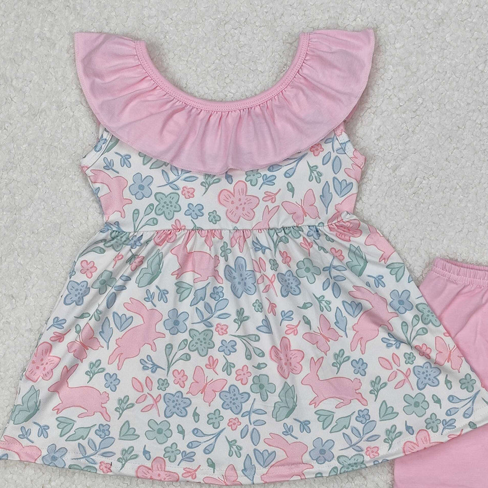 GSSO1881Girls Pink Ruffle Floral Bunny Tunic Short Set Easter Outfit Spring Clothing Toddler Kids Animal Print Headband Included