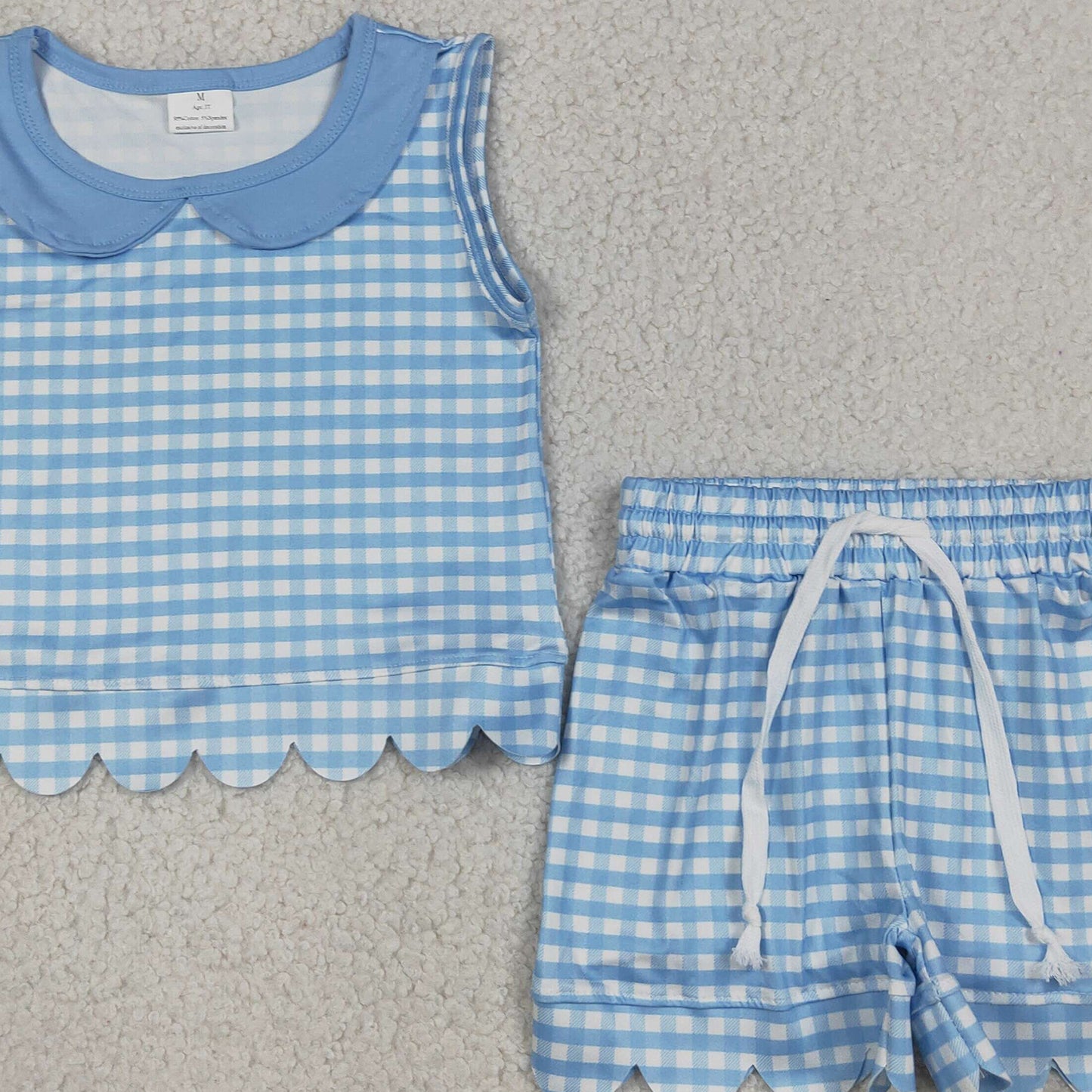 GSSO3397 RTS NO MOQ （In stock）Sleeveless light blue plaid scallop top shorts girls outfits