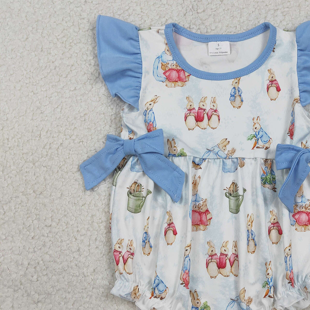 1.24 RTS NO MOQ （In stock）SR3833 Baby Girls Flutter Sleeve Rabbits Bows Easter Ruffle Rompers