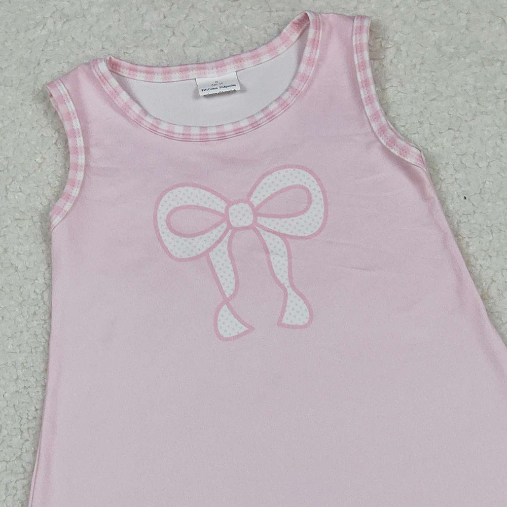 RTS NO MOQ （In stock）GBO0469 Baby Girls Summer Outfits Baby Girls Light Pink Sleeveless Bow Tunic Bummies Clothes Set
