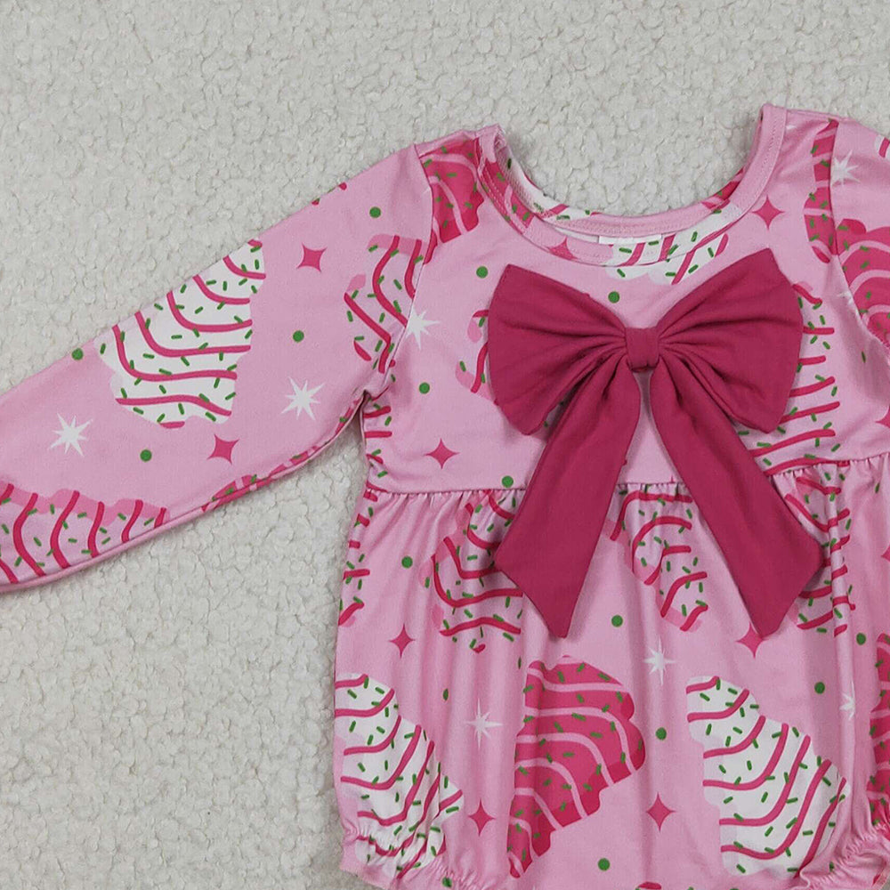 9.27 RTS NO MOQ （In stock）LR2586 Baby Girls Winter Rompers Baby Girls Pink Stripe Trees Stars Bow Top Christmas Ruffle Rompers