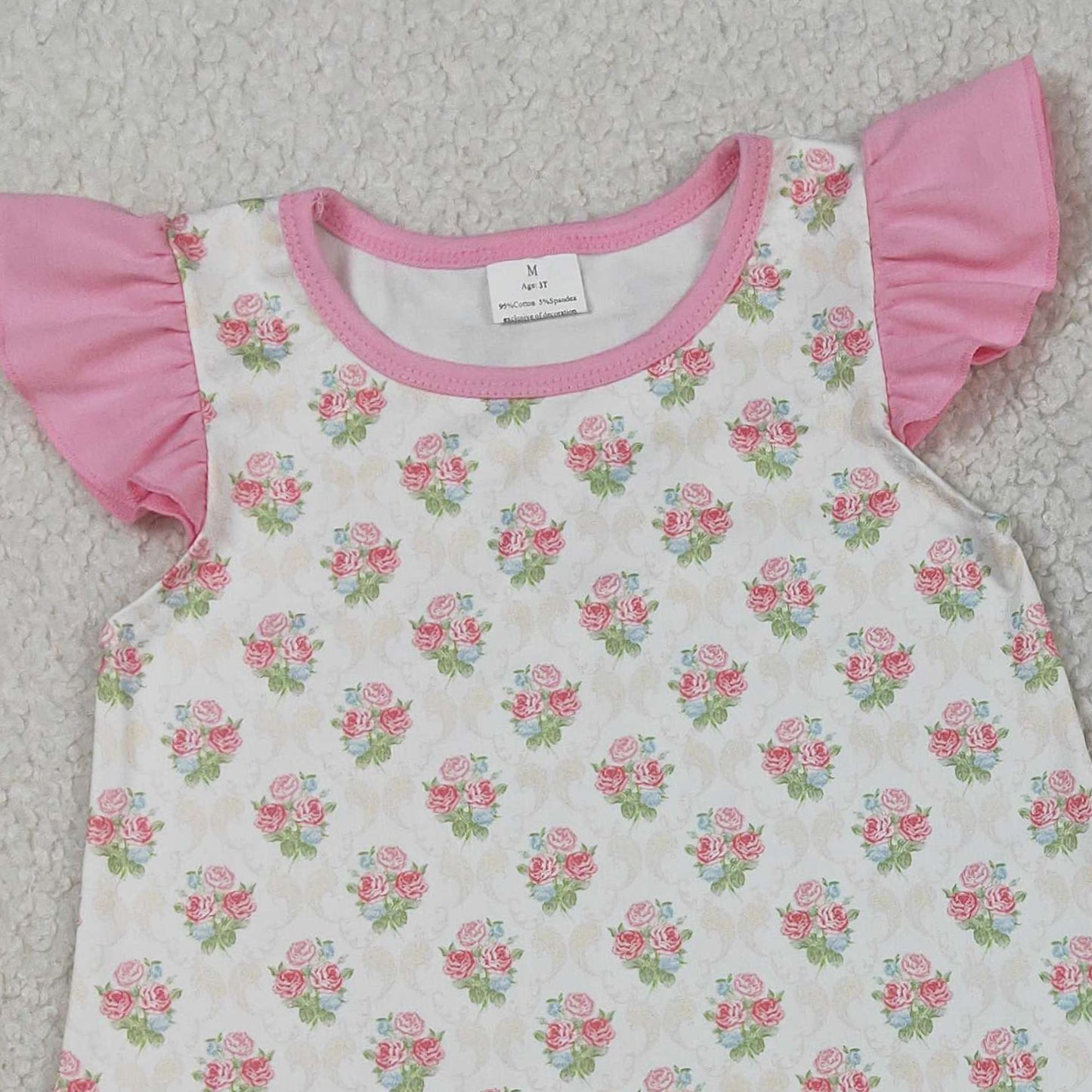 3.12 RTS NO MOQ （In stock）GSSO2953 Kids Clothing for Girls Baby Girls Pink Flowers Checked Tunic Pockets Short Clothes Sets