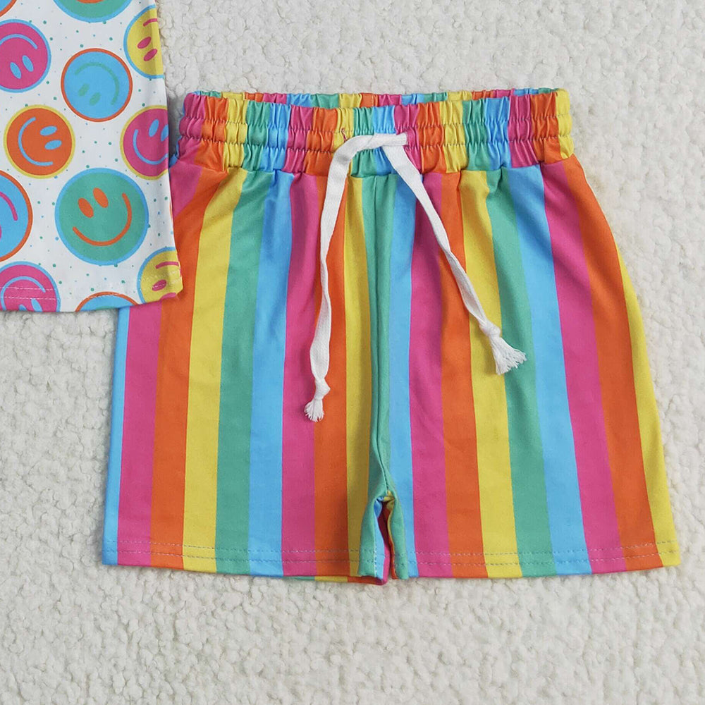 7.01  GSSO2609 RTS NO MOQ Baby Girls Summer Outfits Baby Girls Short Sleeves Colorful Smiles Top Short Pajamas Set