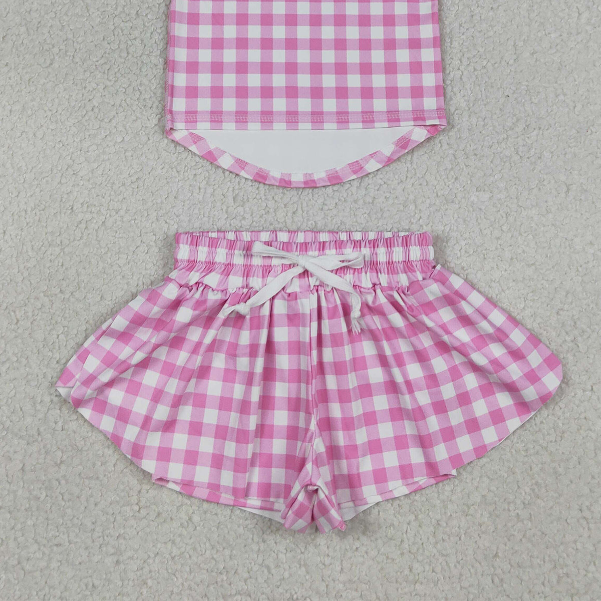 4.9 GSSO3478 RTS NO MOQ （In stock ）Sleeveless pink plaid top shorts girls active wear set