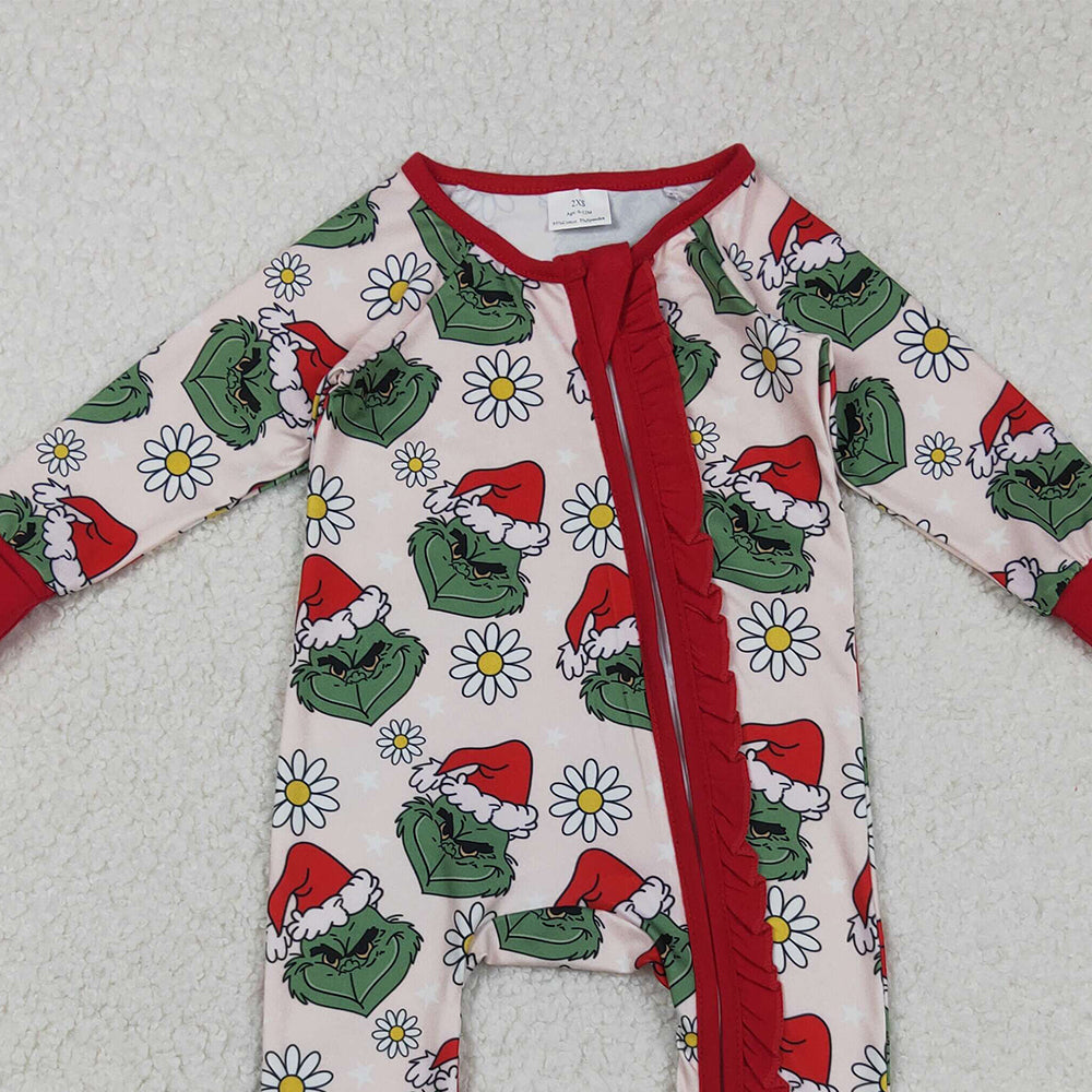 RTS NO MOQ （In stock）LR2489Baby Girls Winter Rompers Baby Girls Green Face Flowers Ruffle Zipper Christmas Rompers
