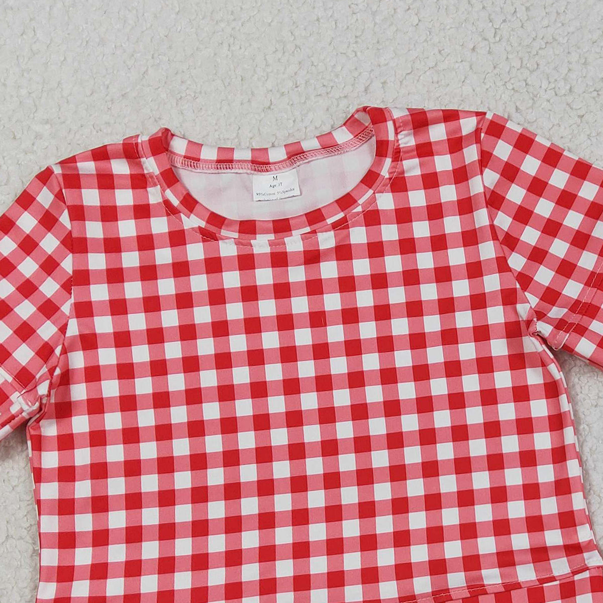 3.16 RTS NO MOQ （In stock）GSSO3187 Fashion Clothing For Baby Girls Red Checked Shirts Top Pockets Short Scallop Clothes Set