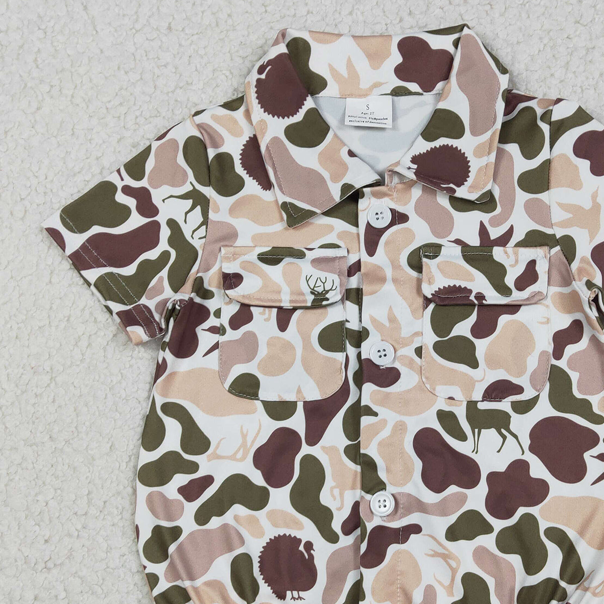 12.24 RTS NO MOQ （In stock）SR3657 Baby Boys Rompers Baby Boys Dogs Ducks Deer Camo Button Pockets Hunting Romper
