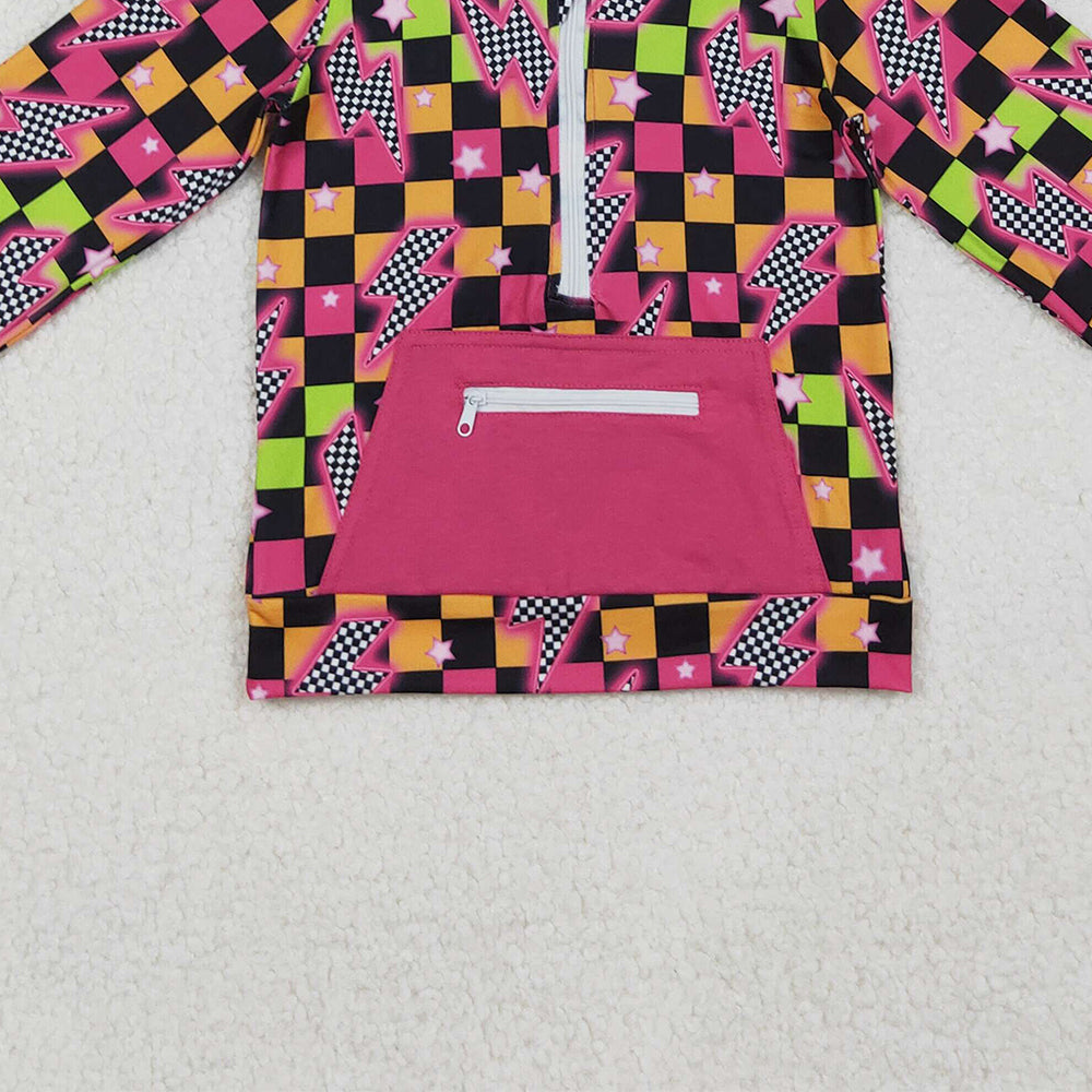 RTS NO MOQ （In stock）GT1117 Baby Girls Long Sleeve Tops Plaid Thunder Ruffle Zipper Hoodie Long Sleeves for Girls